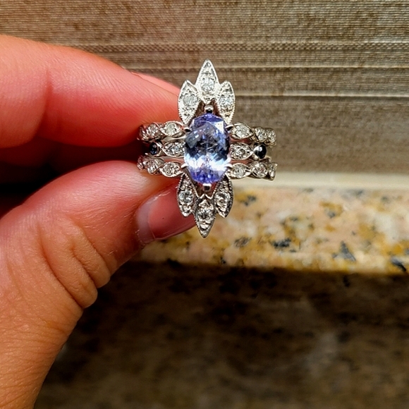 14k White Gold Custom Cut Tanzanite & Sapphire Ring - Picture 6 of 7
